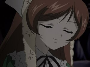 Rating: Safe Score: 0 Tags: 1girl brown_hair closed_eyes closed_mouth dress frills image neck_ribbon smile solo suiseiseki User: admin