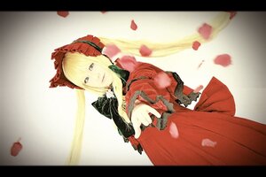 Rating: Safe Score: 0 Tags: 1girl blonde_hair blue_eyes bonnet dress flower letterboxed long_hair long_sleeves looking_at_viewer petals red_dress rose rose_petals shinku solo User: admin