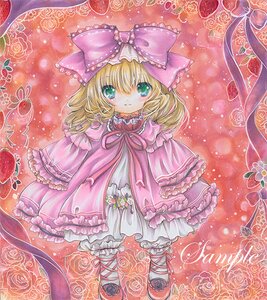 Rating: Safe Score: 0 Tags: 1girl blonde_hair bow capelet dress flower food frills fruit green_eyes hair_bow hina_ichigo hinaichigo image looking_at_viewer pink_background pink_bow pink_dress ribbon rose short_hair smile solo strawberry traditional_media User: admin