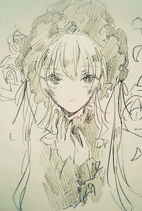 Rating: Safe Score: 0 Tags: 1girl bangs closed_mouth dress eyebrows_visible_through_hair flower hair_between_eyes hands_together image long_hair long_sleeves looking_at_viewer monochrome rose shinku solo traditional_media upper_body User: admin