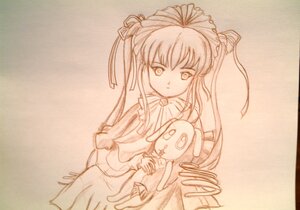 Rating: Safe Score: 0 Tags: 1girl doll dress hair_ribbon image long_hair long_sleeves looking_at_viewer monochrome ribbon shinku solo very_long_hair wings User: admin