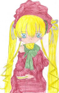 Rating: Safe Score: 0 Tags: 1girl bangs blonde_hair blue_eyes bow bowtie dress green_bow hat image long_hair long_sleeves looking_at_viewer red_dress shinku simple_background solo traditional_media twintails white_background User: admin