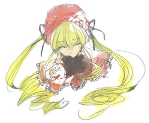 Rating: Safe Score: 0 Tags: 1girl blonde_hair bonnet bow bowtie closed_eyes dress long_hair shinku simple_background solo twintails white_background User: admin