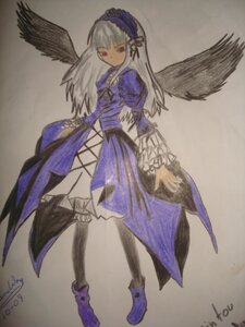 Rating: Safe Score: 0 Tags: 1girl black_wings boots dress flower frills full_body hairband image long_hair long_sleeves looking_at_viewer puffy_sleeves red_eyes rose signature simple_background solo standing suigintou traditional_media wings User: admin