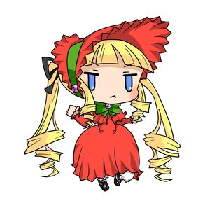 Rating: Safe Score: 0 Tags: 1girl :< bangs blonde_hair blue_eyes blush_stickers bonnet bow bowtie chibi dress drill_hair flower full_body hat image jitome long_hair long_sleeves shinku simple_background solo white_background User: admin