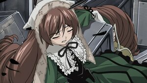 Rating: Safe Score: 0 Tags: 1girl brown_hair closed_eyes dress drill_hair frills green_dress image long_hair long_sleeves ribbon solo suiseiseki very_long_hair User: admin