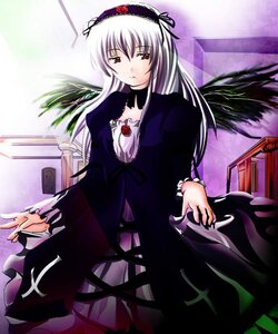 Rating: Safe Score: 0 Tags: 1girl black_dress detached_collar dress flower frilled_sleeves frills hairband image long_hair long_sleeves looking_at_viewer pink_eyes plant silver_hair solo standing suigintou wings User: admin