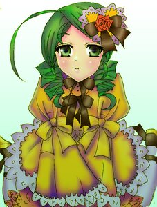 Rating: Safe Score: 0 Tags: 1girl ahoge bow dress drill_hair flower frills green_eyes green_hair hat hat_flower image kanaria rose solo top_hat yellow_dress User: admin