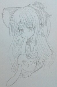 Rating: Safe Score: 0 Tags: 1girl bow graphite_(medium) image long_hair long_sleeves looking_at_viewer monochrome open_mouth photo shinku simple_background sketch solo traditional_media upper_body User: admin