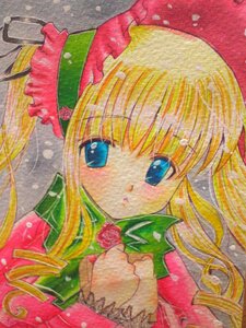 Rating: Safe Score: 0 Tags: 1girl blonde_hair blue_eyes blush bow drill_hair flower hat image long_hair looking_at_viewer marker_(medium) pink_flower pink_rose portrait rose shinku solo traditional_media User: admin