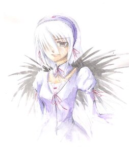 Rating: Safe Score: 0 Tags: 1girl dress frills hairband image long_sleeves looking_at_viewer puffy_sleeves ribbon simple_background solo suigintou upper_body white_background wings User: admin