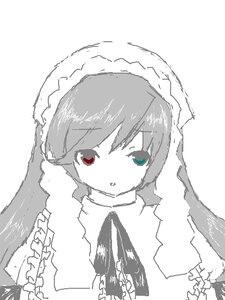 Rating: Safe Score: 0 Tags: 1girl bangs dress eyebrows_visible_through_hair frills heterochromia image long_hair looking_at_viewer monochrome parted_lips red_eyes simple_background solo spot_color suiseiseki upper_body white_background User: admin