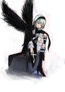 Rating: Safe Score: 0 Tags: 1girl black_wings dress frills hairband image long_sleeves looking_at_viewer red_eyes sitting solo suigintou wings User: admin