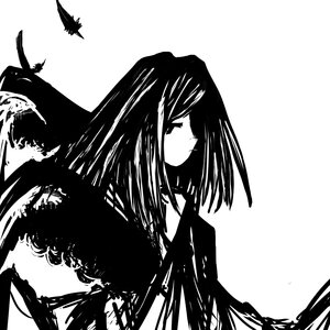 Rating: Safe Score: 0 Tags: 1girl bangs bird black_feathers crow feathers greyscale image long_hair looking_at_viewer monochrome silhouette simple_background solo striped suigintou upper_body white_background User: admin