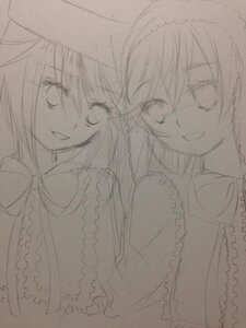 Rating: Safe Score: 0 Tags: 2girls alice_margatroid frills greyscale image looking_at_viewer monochrome multiple_girls open_mouth pair simple_background sketch smile souseiseki suiseiseki traditional_media white_background User: admin