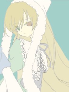 Rating: Safe Score: 0 Tags: 1girl auto_tagged bangs blonde_hair blurry closed_mouth depth_of_field dress eyebrows_visible_through_hair frills fur_trim green_dress heterochromia hood image long_hair long_sleeves simple_background solo suiseiseki upper_body User: admin