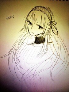 Rating: Safe Score: 0 Tags: 1girl bangs choker dress eyebrows_visible_through_hair hairband image long_hair looking_at_viewer monochrome parted_lips ribbon solo suigintou traditional_media upper_body User: admin