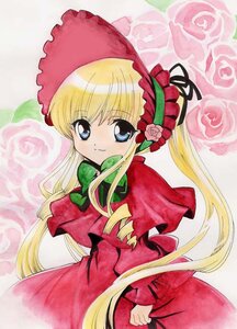 Rating: Safe Score: 0 Tags: 1girl blonde_hair blue_eyes bonnet bow bowtie capelet cowboy_shot dress drill_hair flower green_bow green_neckwear image long_hair long_sleeves looking_at_viewer marker_(medium) pink_flower pink_rose red_capelet red_dress red_rose rose shinku sidelocks smile solo traditional_media twintails very_long_hair User: admin