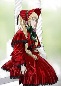 Rating: Safe Score: 0 Tags: 1girl blonde_hair blue_eyes bonnet bow dress drill_hair flower frills image long_hair long_sleeves pink_rose red_capelet red_dress rose shinku solo User: admin