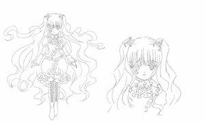 Rating: Safe Score: 0 Tags: 1girl bow dress elbow_gloves flower full_body hair_ornament image kirakishou lineart long_hair monochrome multiple_views simple_background smile solo striped thighhighs twintails very_long_hair white_background User: admin