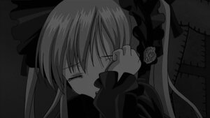 Rating: Safe Score: 0 Tags: 1girl closed_eyes dress flower greyscale image long_hair long_sleeves monochrome open_mouth ribbon rose shinku solo twintails upper_body User: admin