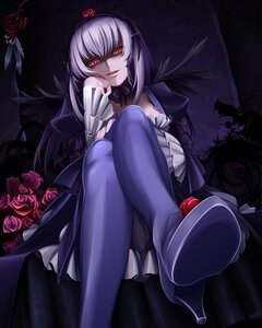 Rating: Safe Score: 3 Tags: 1girl commentary_request crossed_legs dress flower frills from_below gothic_lolita grin hairband high_heels highres image legs lolita_fashion long_hair looking_at_viewer mtyy pantyhose photoshop_(medium) purple_legwear red_eyes red_flower rose rozen_maiden sadism shaded_face shoes silver_hair sitting smile solo suigintou wings User: admin