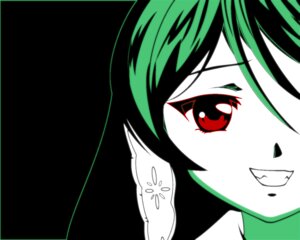 Rating: Safe Score: 0 Tags: 1girl black_background blush eyebrows_visible_through_hair green_hair green_skin image looking_at_viewer portrait red_eyes simple_background smile solo suiseiseki white_skin User: admin