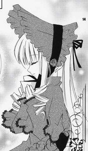 Rating: Safe Score: 0 Tags: 1girl bonnet bow closed_eyes dress drill_hair greyscale image long_hair long_sleeves monochrome shinku smile solo traditional_media twintails upper_body User: admin