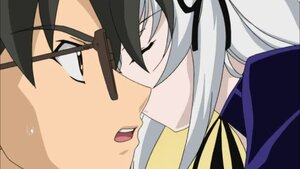 Rating: Safe Score: 0 Tags: 1boy 1girl black_hair blush close-up closed_eyes face image open_mouth parody ribbon school_uniform simple_background solo suigintou User: admin