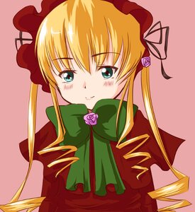 Rating: Safe Score: 0 Tags: 1girl blonde_hair blue_eyes blush bonnet bow bowtie capelet dress drill_hair flower image long_hair long_sleeves looking_at_viewer pink_flower pink_rose rose shinku simple_background solo twin_drills upper_body User: admin