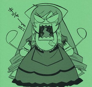 Rating: Safe Score: 0 Tags: 1girl apron bow bowtie braid dress green_background green_theme hair_bow image long_hair monochrome open_mouth solo suiseiseki User: admin
