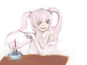 Rating: Safe Score: 0 Tags: 1girl blurry eyepatch fork image kirakishou knife long_hair pink_hair red_eyes smile solo striped table twintails User: admin