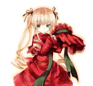 Rating: Safe Score: 0 Tags: 1girl blonde_hair blue_eyes blush bowtie dress drill_hair hair_ribbon image long_hair long_sleeves looking_at_viewer red_dress ribbon shinku simple_background solo twin_drills twintails white_background User: admin