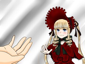 Rating: Safe Score: 0 Tags: 1girl blonde_hair blue_eyes blush bonnet crying dress drill_hair hands image long_hair long_sleeves outstretched_hand red_dress ribbon shinku solo solo_focus tears twin_drills twintails User: admin
