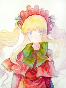 Rating: Safe Score: 0 Tags: 1girl blonde_hair blue_eyes bow bowtie capelet dress flower green_bow image long_hair long_sleeves looking_at_viewer pink_flower pink_rose rose shinku solo traditional_media upper_body User: admin