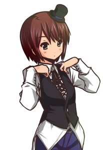 Rating: Safe Score: 0 Tags: 1girl brown_eyes brown_hair hat image long_sleeves mini_hat short_hair simple_background solo souseiseki top_hat vest white_background User: admin
