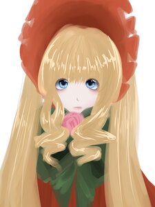 Rating: Safe Score: 0 Tags: 1girl bangs blonde_hair blue_eyes bow dress flower image long_hair long_sleeves looking_at_viewer pink_flower pink_rose rose shinku simple_background solo upper_body white_background User: admin