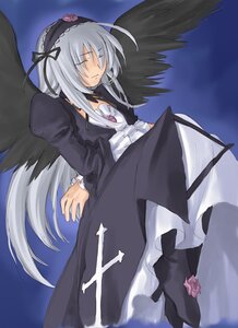 Rating: Safe Score: 0 Tags: 1girl black_wings closed_eyes cross dress feathered_wings flower frills hairband image long_hair long_sleeves rose silver_hair solo suigintou very_long_hair wings User: admin