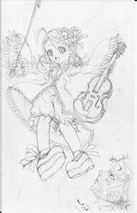 Rating: Safe Score: 0 Tags: 1girl dress drill_hair electric_guitar frills graphite_(medium) greyscale guitar hair_ornament image instrument kanaria kneehighs monochrome musical_note ribbon sketch solo traditional_media violin User: admin