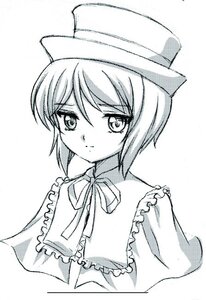 Rating: Safe Score: 0 Tags: 1girl closed_mouth eyebrows_visible_through_hair greyscale hat image looking_at_viewer monochrome ribbon short_hair simple_background smile solo souseiseki white_background User: admin