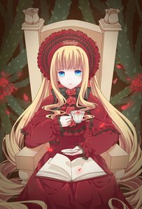 Rating: Safe Score: 0 Tags: 1girl blonde_hair blue_eyes bonnet book dress flower image long_hair looking_at_viewer open_book petals pink_rose red_dress red_flower red_rose rose rose_petals shinku sitting solo very_long_hair User: admin