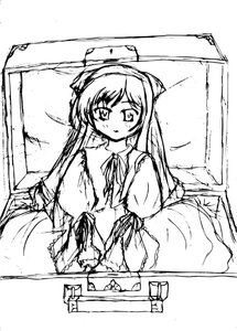 Rating: Safe Score: 0 Tags: 1girl dress greyscale hairband image long_hair long_sleeves monochrome pillow ribbon solo suiseiseki User: admin