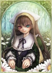 Rating: Safe Score: 0 Tags: 1girl auto_tagged black_ribbon brown_hair dress flower green_dress heterochromia image long_hair long_sleeves looking_at_viewer red_eyes ribbon smile solo suiseiseki User: admin