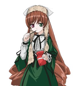 Rating: Safe Score: 0 Tags: 1girl artist_request brown_hair dress drill_hair food frills green_dress green_eyes hat head_scarf heterochromia holding image long_hair long_sleeves looking_at_viewer pocky red_eyes rozen_maiden simple_background solo suiseiseki very_long_hair white_background User: admin