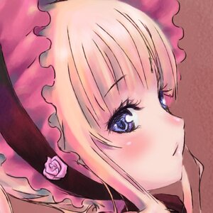 Rating: Safe Score: 0 Tags: 1girl bangs blonde_hair blue_eyes blush close-up face flower frills hat image pink_flower pink_rose portrait rose shinku simple_background solo User: admin