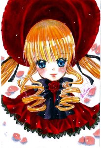 Rating: Safe Score: 0 Tags: 1girl bangs blonde_hair blue_eyes blush dress drill_hair flower image long_hair looking_at_viewer marker_(medium) ringlets rose shinku smile solo traditional_media twin_drills twintails User: admin