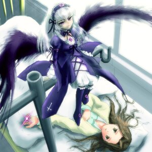 Rating: Safe Score: 0 Tags: 2girls black_wings dress frills hairband image kakizaki_megu long_hair long_sleeves looking_at_viewer multiple_girls ribbon silver_hair solo suigintou wings User: admin