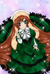Rating: Safe Score: 0 Tags: 1girl blush brown_hair dress drill_hair frills green_dress green_eyes hat heterochromia image index_finger_raised long_hair long_sleeves looking_at_viewer red_eyes smile solo sparkle suiseiseki twin_drills twintails very_long_hair User: admin
