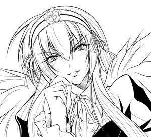 Rating: Safe Score: 0 Tags: 1girl angel_wings auto_tagged blush feathered_wings flower greyscale hairband image long_hair long_sleeves looking_at_viewer monochrome neck_ribbon ribbon smile solo suigintou upper_body white_background wings User: admin