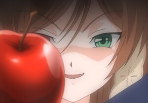 Rating: Safe Score: 0 Tags: 1girl apple bangs brown_hair close-up eyebrows_visible_through_hair face green_eyes hair_between_eyes image long_hair looking_at_viewer solo suiseiseki User: admin